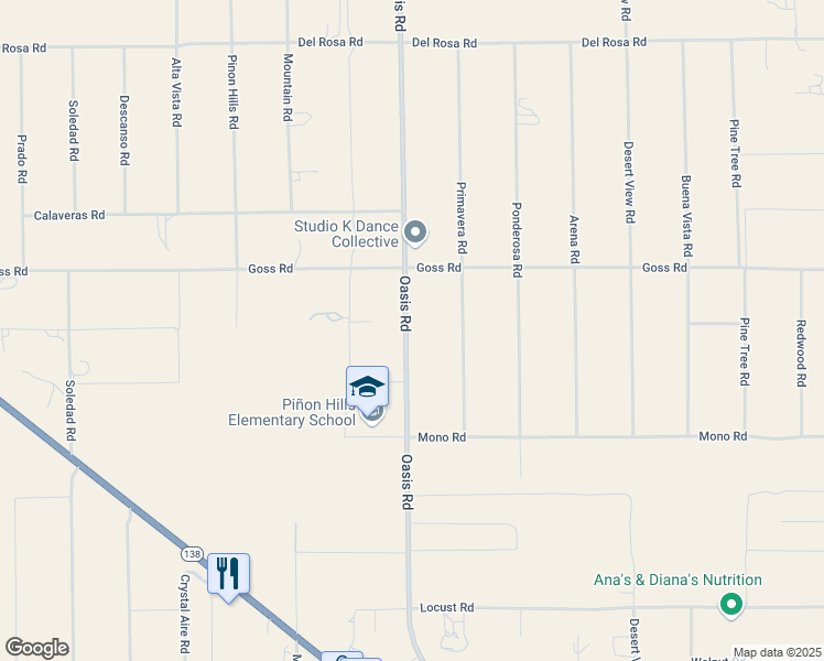 map of restaurants, bars, coffee shops, grocery stores, and more near Oasis Road in Pinon Hills