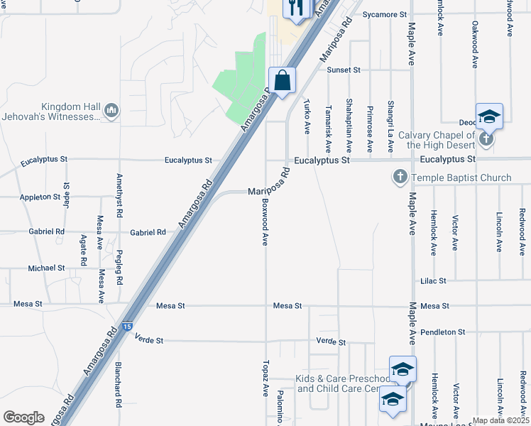 map of restaurants, bars, coffee shops, grocery stores, and more near Boxwood Avenue in Hesperia