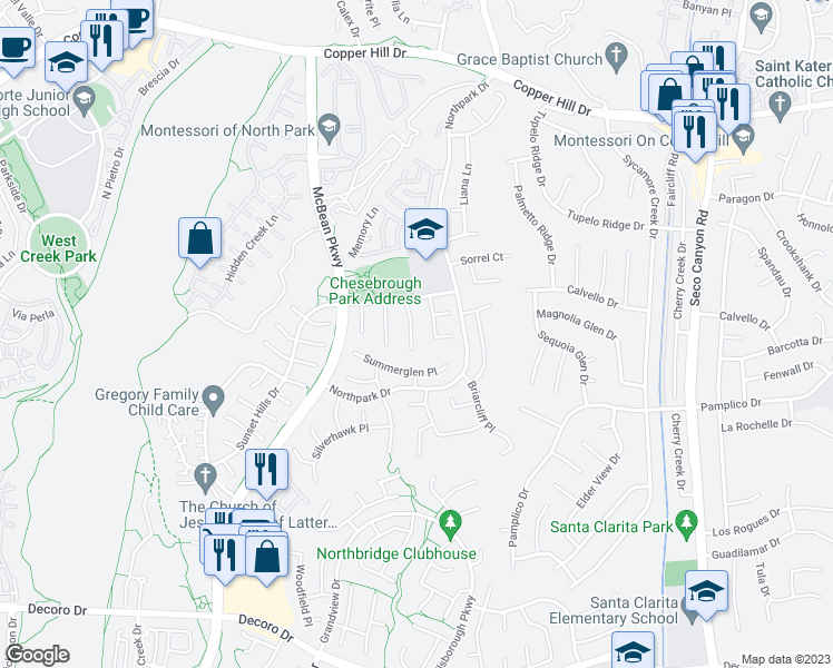 map of restaurants, bars, coffee shops, grocery stores, and more near 27824 Bloomfield Court in Santa Clarita