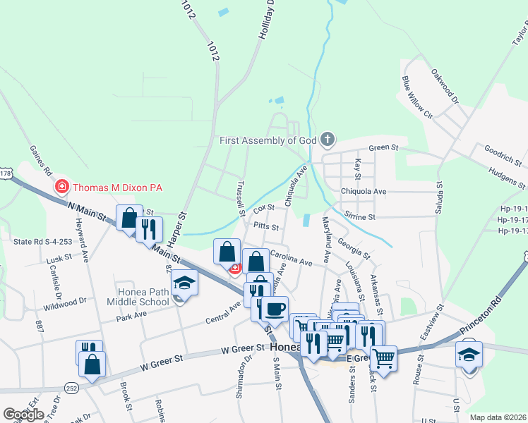 map of restaurants, bars, coffee shops, grocery stores, and more near 205 Orr Street in Honea Path