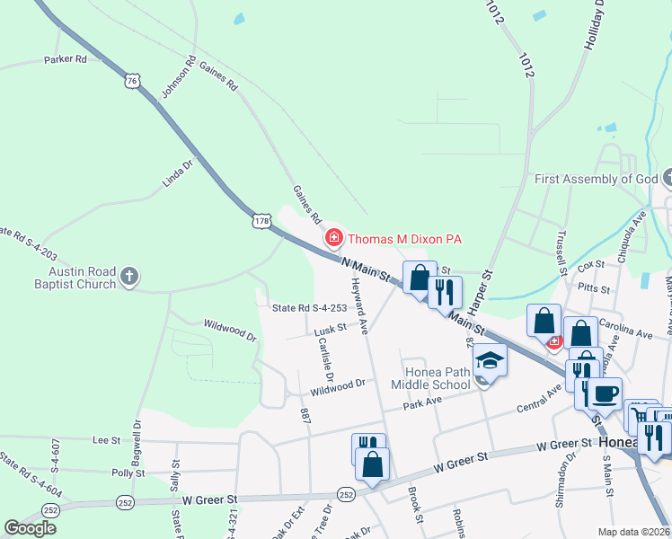 map of restaurants, bars, coffee shops, grocery stores, and more near 605 North Main Street in Honea Path