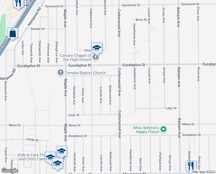 map of restaurants, bars, coffee shops, grocery stores, and more near 11152 Redwood Avenue in Hesperia