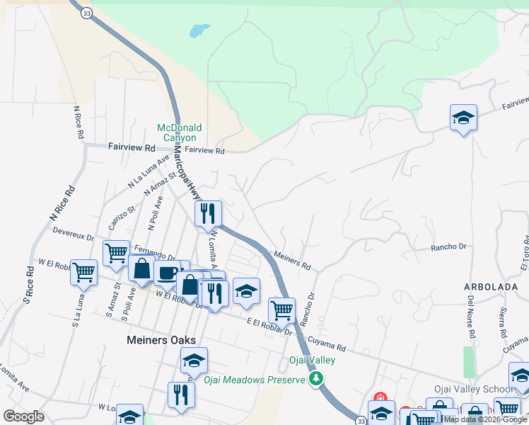 map of restaurants, bars, coffee shops, grocery stores, and more near 1881 Meiners Road in Ojai