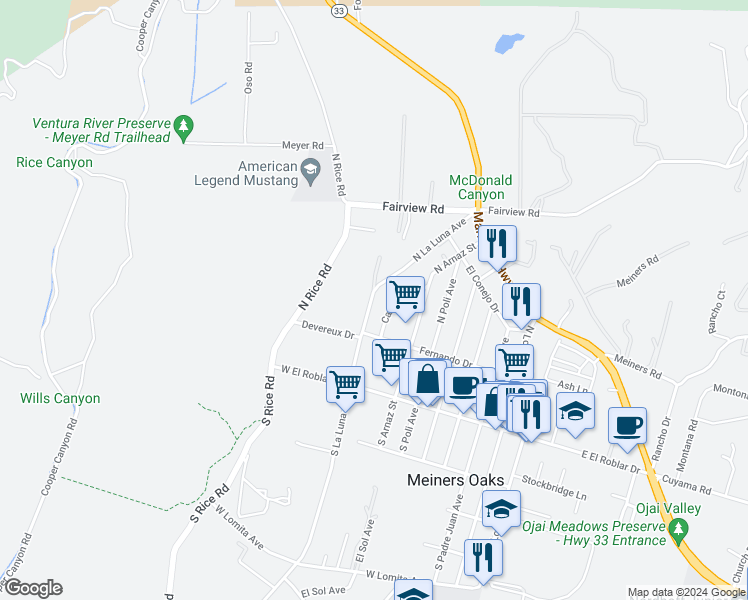 map of restaurants, bars, coffee shops, grocery stores, and more near 250 North La Luna Avenue in Ojai