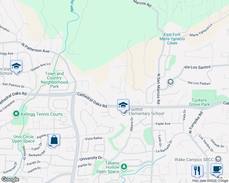 map of restaurants, bars, coffee shops, grocery stores, and more near 5132 Cathedral Oaks Road in Santa Barbara