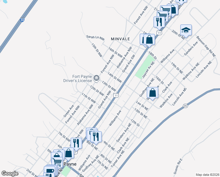 map of restaurants, bars, coffee shops, grocery stores, and more near 1216 Grand Avenue Northwest in Fort Payne