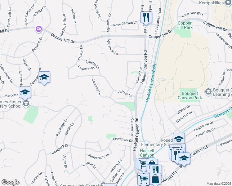 map of restaurants, bars, coffee shops, grocery stores, and more near 21740 Jeffers Lane in Santa Clarita