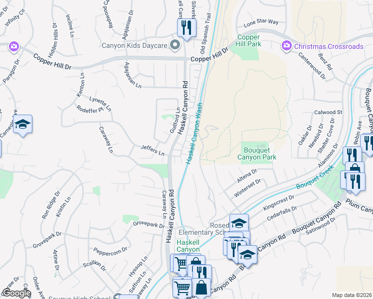 map of restaurants, bars, coffee shops, grocery stores, and more near 28120 Bobwhite Circle in Santa Clarita