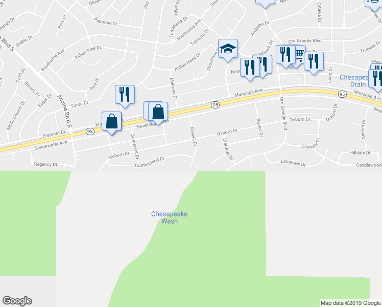 map of restaurants, bars, coffee shops, grocery stores, and more near 1291 Powell Drive in Lake Havasu City