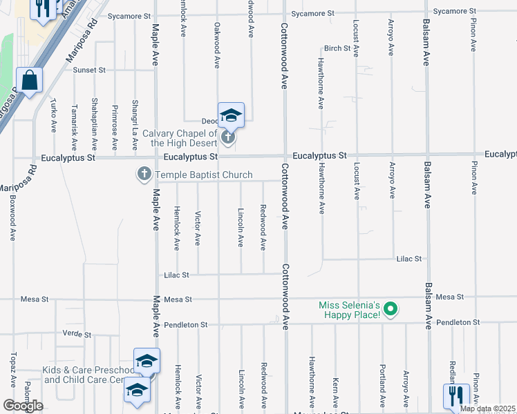 map of restaurants, bars, coffee shops, grocery stores, and more near 11152 Redwood Avenue in Hesperia