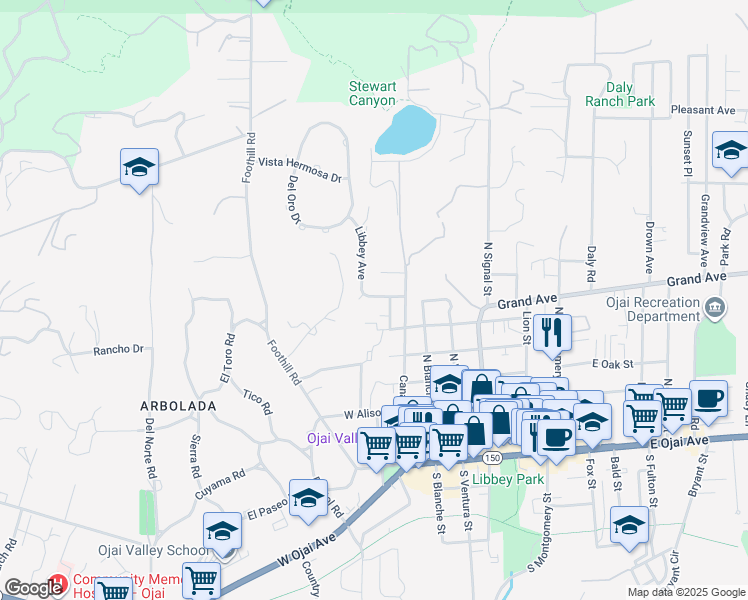 map of restaurants, bars, coffee shops, grocery stores, and more near 313 Raymond Street in Ojai