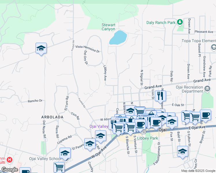 map of restaurants, bars, coffee shops, grocery stores, and more near 313 Raymond Street in Ojai