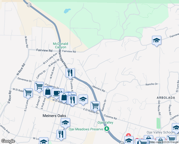 map of restaurants, bars, coffee shops, grocery stores, and more near 1881 Meiners Road in Ojai