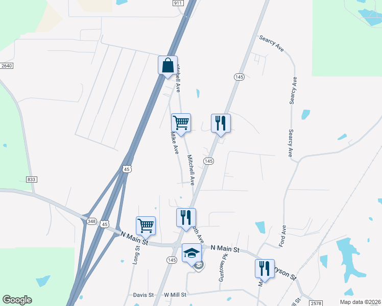 map of restaurants, bars, coffee shops, grocery stores, and more near 642 Mitchell Avenue in Guntown