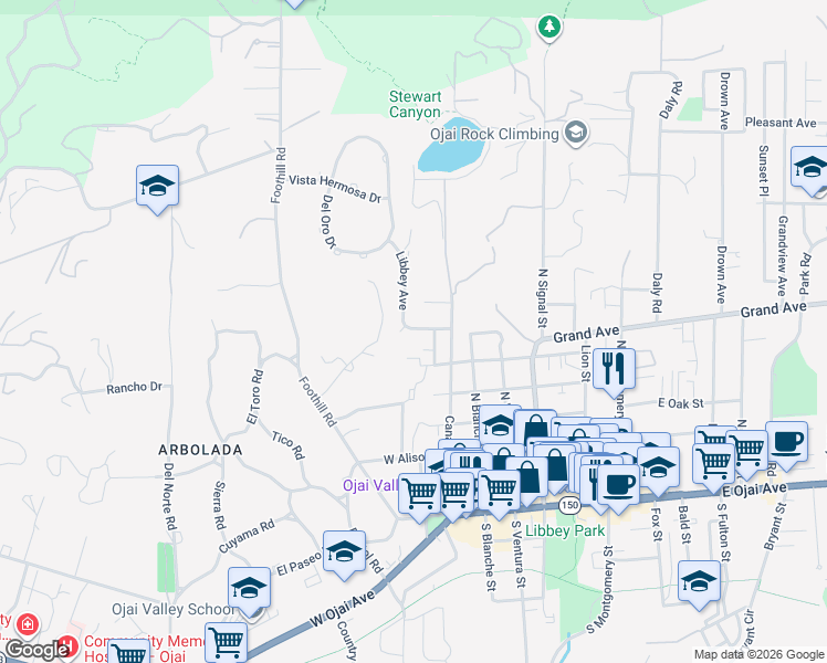 map of restaurants, bars, coffee shops, grocery stores, and more near 709 Libbey Avenue in Ojai