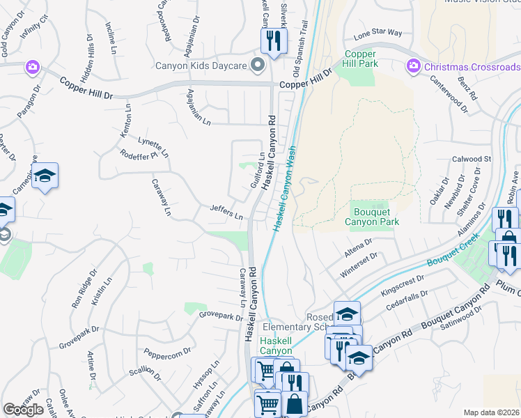 map of restaurants, bars, coffee shops, grocery stores, and more near 28119 Bobwhite Circle in Santa Clarita