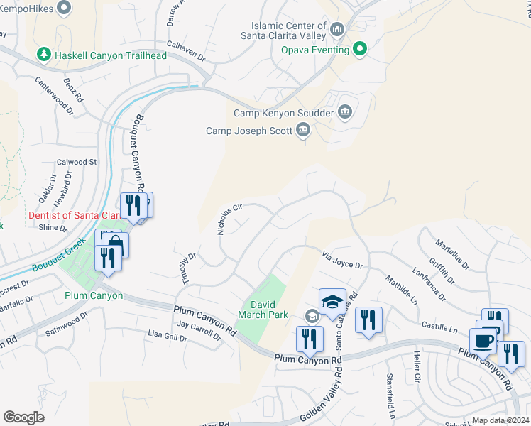 map of restaurants, bars, coffee shops, grocery stores, and more near 28494 Nicholas Circle in Santa Clarita