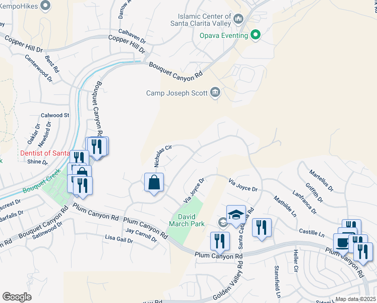 map of restaurants, bars, coffee shops, grocery stores, and more near 28494 Nicholas Circle in Santa Clarita