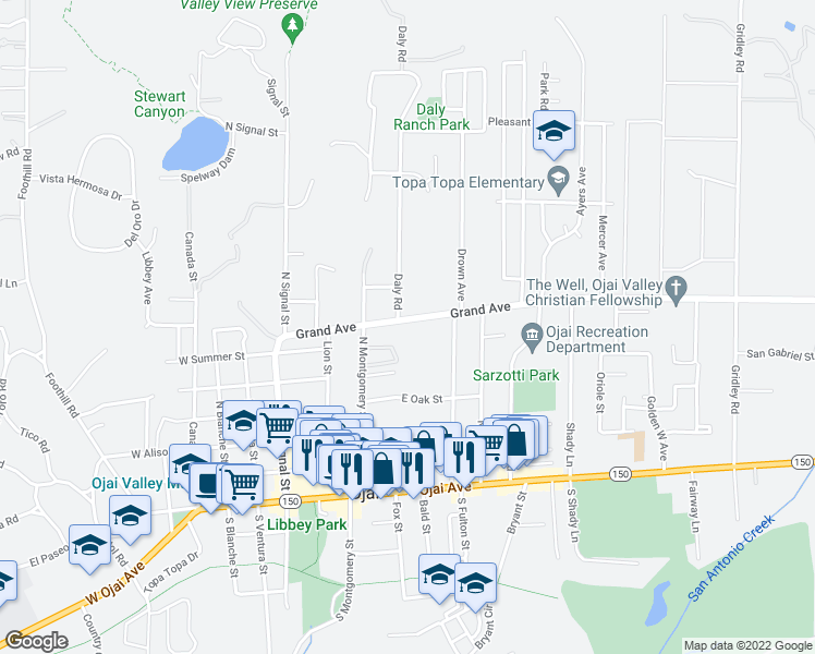 map of restaurants, bars, coffee shops, grocery stores, and more near 505 Grand Avenue in Ojai