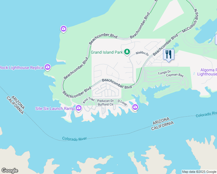 map of restaurants, bars, coffee shops, grocery stores, and more near 601 Beachcomber Boulevard in Lake Havasu City