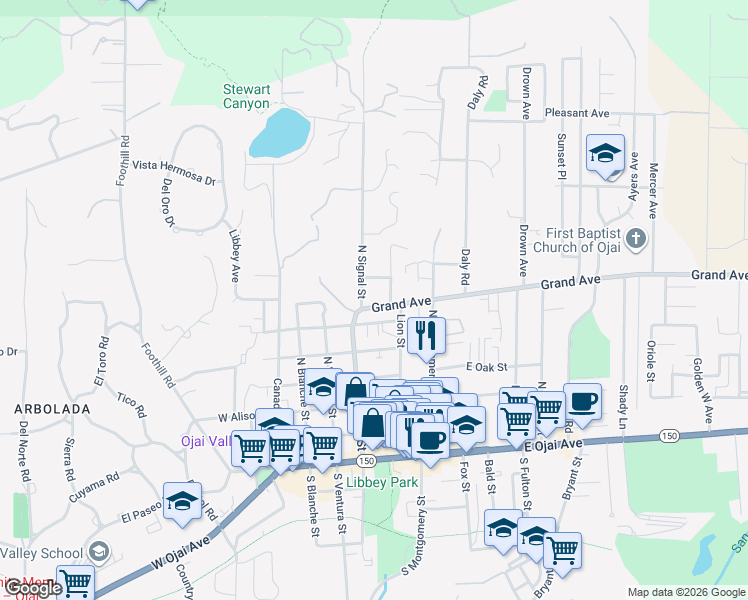 map of restaurants, bars, coffee shops, grocery stores, and more near 212 Grand Avenue in Ojai