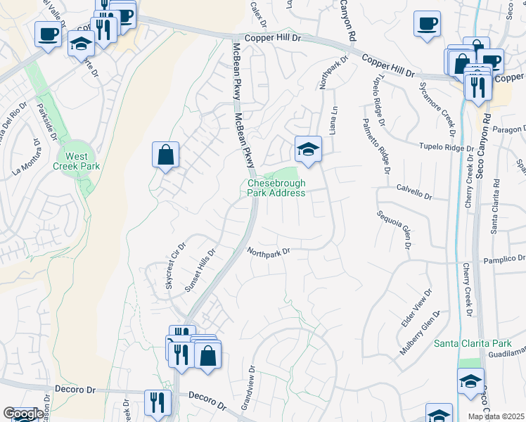 map of restaurants, bars, coffee shops, grocery stores, and more near 27913 Balsam Court in Santa Clarita