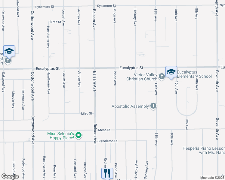 map of restaurants, bars, coffee shops, grocery stores, and more near 11158 Pinon Avenue in Hesperia