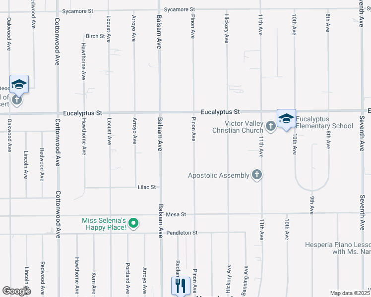 map of restaurants, bars, coffee shops, grocery stores, and more near 11158 Pinon Ave in Hesperia
