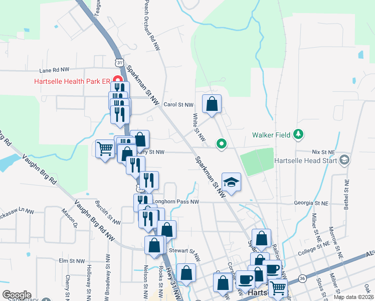 map of restaurants, bars, coffee shops, grocery stores, and more near 503 Curry Street Northwest in Hartselle