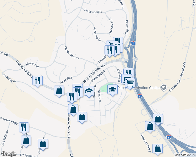 map of restaurants, bars, coffee shops, grocery stores, and more near 27832 Wakefield Road in Castaic