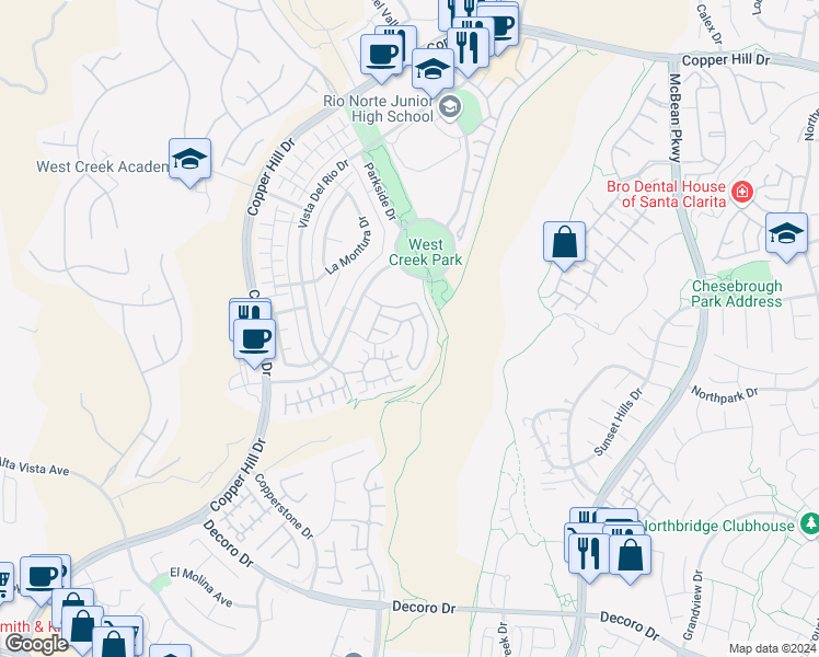 map of restaurants, bars, coffee shops, grocery stores, and more near 24113 Paseo del Rancho Drive in Santa Clarita