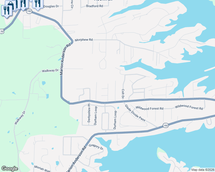 map of restaurants, bars, coffee shops, grocery stores, and more near 155 Old Oak in Rockwell
