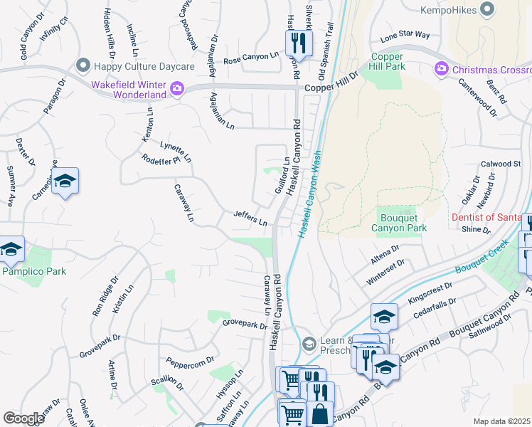 map of restaurants, bars, coffee shops, grocery stores, and more near 21602 Bedford Way in Santa Clarita