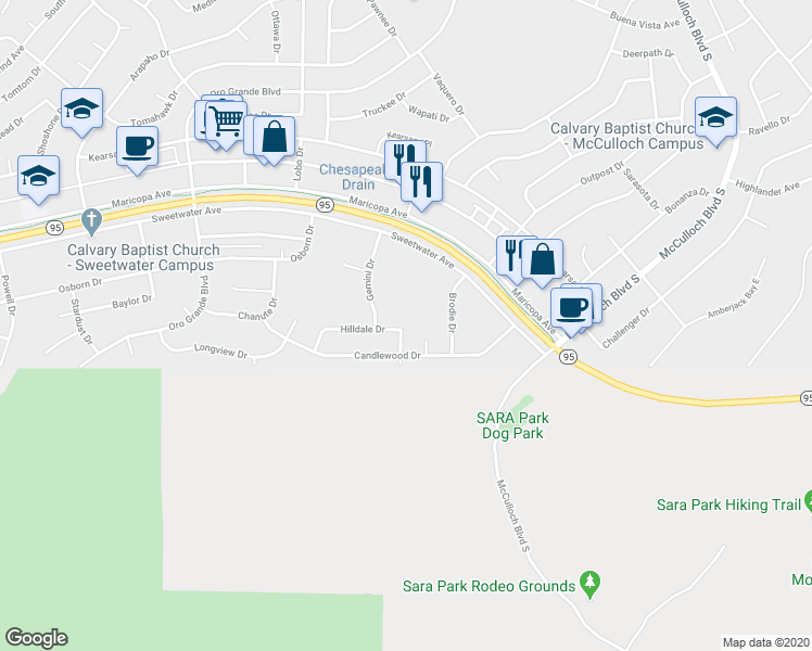 map of restaurants, bars, coffee shops, grocery stores, and more near 3383 Hilldale Drive in Lake Havasu City