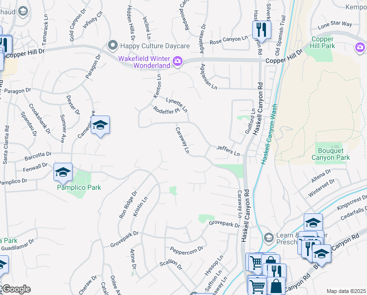map of restaurants, bars, coffee shops, grocery stores, and more near 28081 Caraway Lane in Santa Clarita