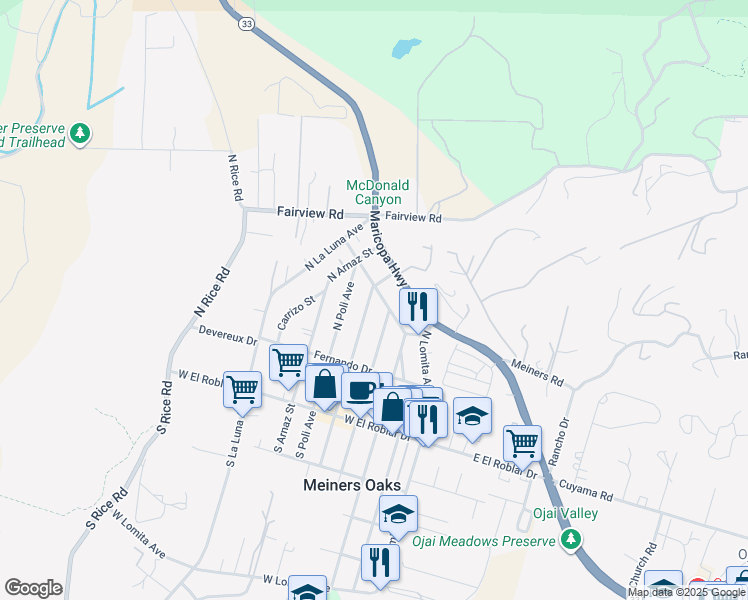map of restaurants, bars, coffee shops, grocery stores, and more near 344 North Alvarado Street in Ojai