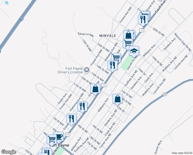map of restaurants, bars, coffee shops, grocery stores, and more near 1216 Grand Avenue Northwest in Fort Payne