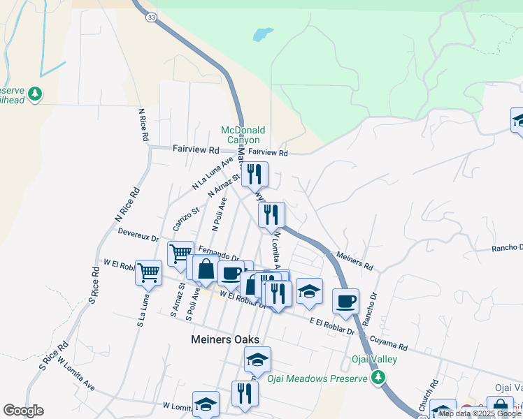 map of restaurants, bars, coffee shops, grocery stores, and more near 2225 Maricopa Highway in Ojai