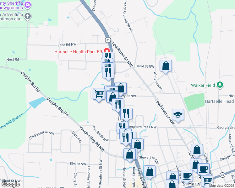 map of restaurants, bars, coffee shops, grocery stores, and more near 1202 U.S. 31 in Hartselle