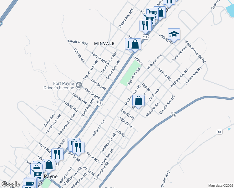 map of restaurants, bars, coffee shops, grocery stores, and more near 151 14th Street Northeast in Fort Payne