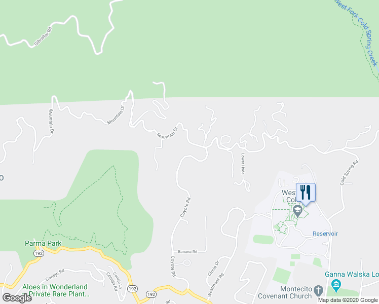 map of restaurants, bars, coffee shops, grocery stores, and more near 1035 Coyote Road in Santa Barbara