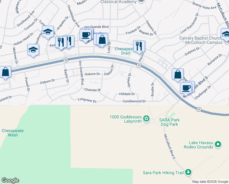 map of restaurants, bars, coffee shops, grocery stores, and more near 3345 Hilldale Drive in Lake Havasu City