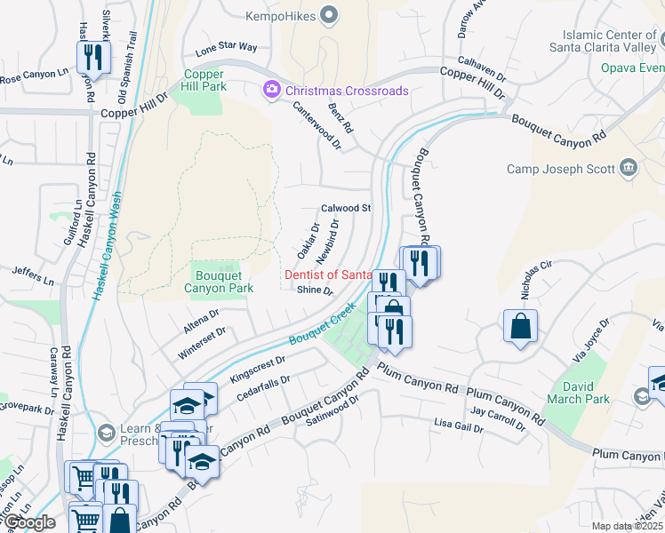 map of restaurants, bars, coffee shops, grocery stores, and more near 28131 Shelter Cove Drive in Santa Clarita