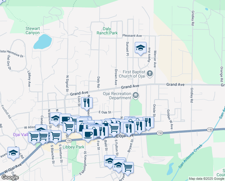 map of restaurants, bars, coffee shops, grocery stores, and more near 699 Drown Avenue in Ojai