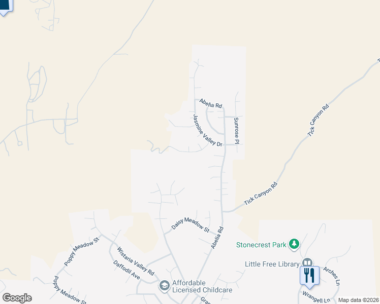 map of restaurants, bars, coffee shops, grocery stores, and more near Hydrangea Way in Santa Clarita