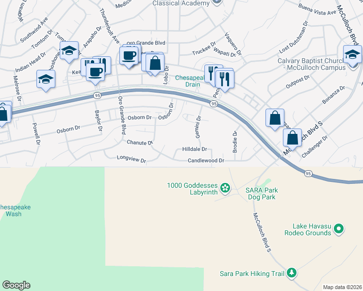 map of restaurants, bars, coffee shops, grocery stores, and more near 3345 Hilldale Drive in Lake Havasu City