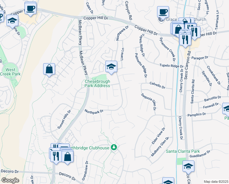 map of restaurants, bars, coffee shops, grocery stores, and more near 23318 Sunnyvale Court in Santa Clarita