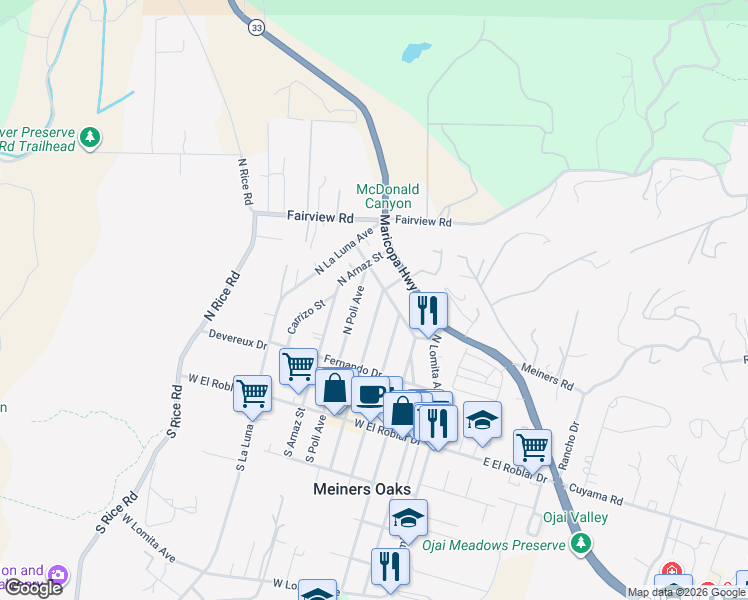 map of restaurants, bars, coffee shops, grocery stores, and more near 345 North Alvarado Street in Ojai
