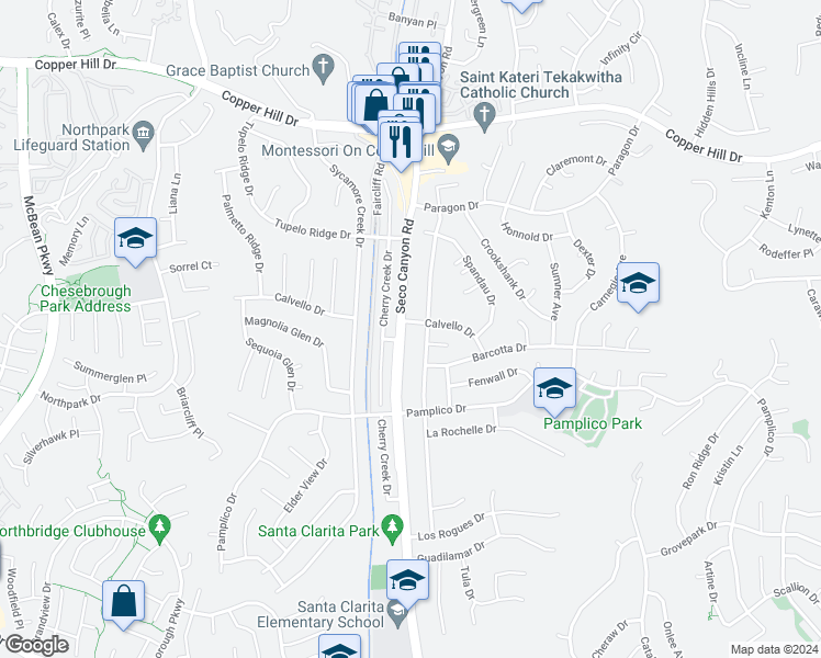 map of restaurants, bars, coffee shops, grocery stores, and more near 22716 Calvello Drive in Santa Clarita