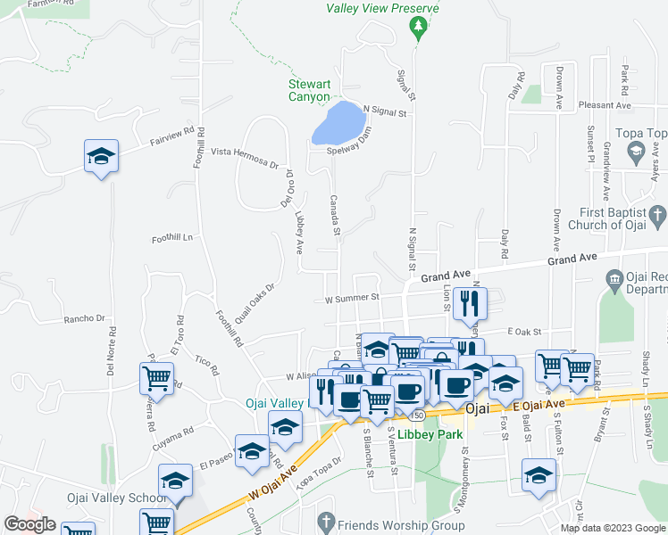 map of restaurants, bars, coffee shops, grocery stores, and more near 701 Canada Street in Ojai